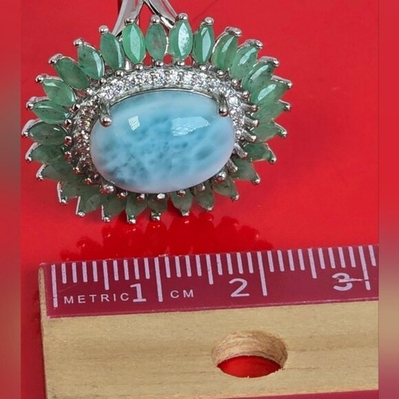 925 Stetling Silver Ring SZ 7.5 with Natural Larimar 1.5x1.2cm & Emerald Gems - Picture 8 of 12